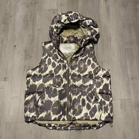 Coach Jackets & Blazers - Coach Duck Feather Down Filled Hooded Puffer Vest Green Leopard